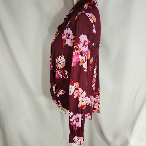 Simply Styled Wine Color Floral Print Surplice Neck Long Sleeve Top Size Medium - Picture 5 of 11